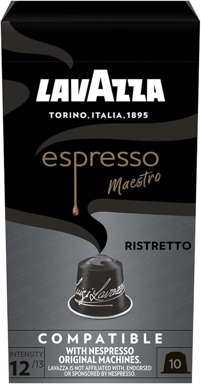 Lavazza ▫️ Espresso Maestro Ristretto, 10 cápsulas de café compatíveis com as máquinas Nespresso* Original, notas aromáticas de chocolate e caramelo, Arábica e Robusta, intensidade 12, torra escura