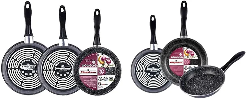 Productos Del Hogar ▫️ Conjunto de 3 frigideiras Magefesa K2 Gransasso de 20/26/28 cm, em aço vitrificado com exterior cinzento + Conjunto de 3 frigideiras K2 Gransasso de 18/20/24 cm, em aço vitrificado com exterior cinzento salpicado