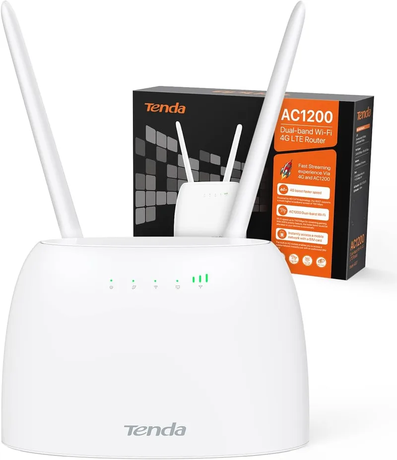 Tenda ▫️ 4G07 - Router 4G LTE CAT4 4G LTE, Router AC1200 com cartão SIM, Wi-Fi de banda dupla (867 Mbps 5GHz + 300 Mbps 2,4GHz), porta Ethernet LAN/WAN, FDD e TDD, ranhura para cartão Mini SIM