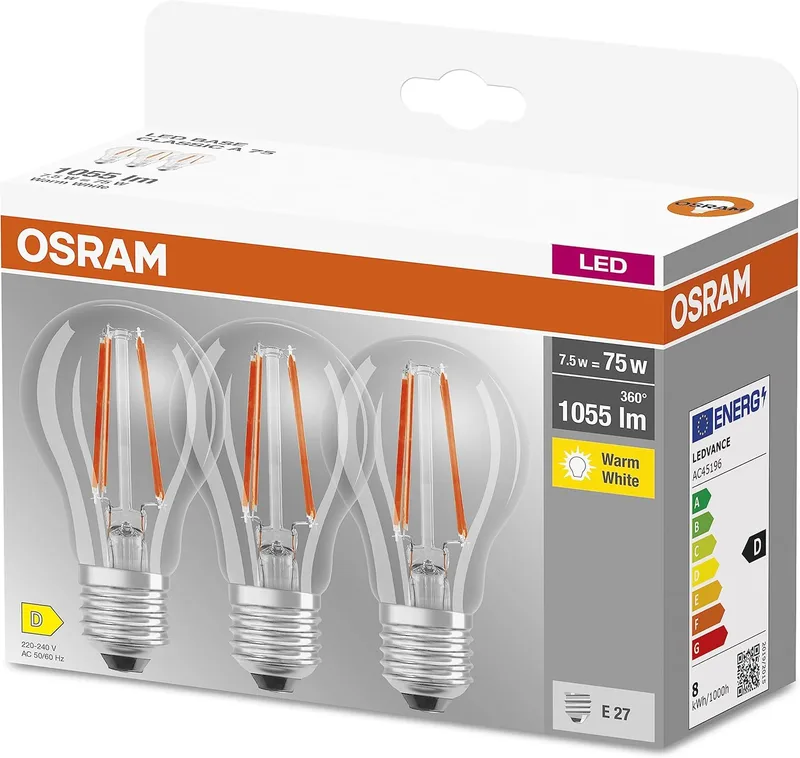 OSRAM ▫️ LED Classic A75, lâmpadas LED de filamento de vidro transparente para E27, forma de bolbo, branco quente (2700K), 1055 lúmens, substitui lâmpadas convencionais de 75W, caixa de 3