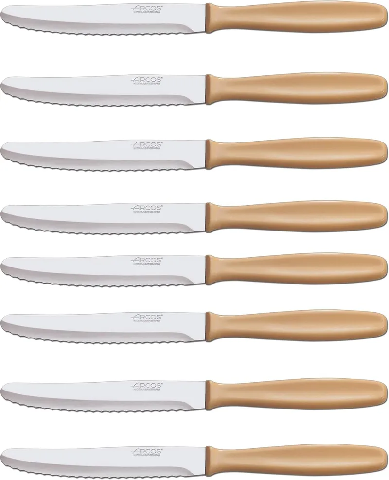 Arcos ▫️ Conjunto de facas de mesa 8 unidades, facas de mesa, lâmina serrilhada em aço inoxidável NITRUM, cabo em polipropileno, adequadas para a máquina de lavar louça, cor creme (125 mm), 705400
