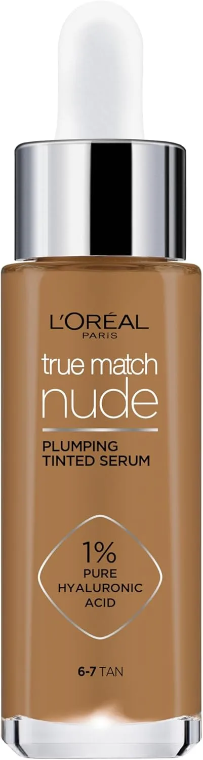 L'Oreal Paris ▫️ True Match - Base sérum com cor, 1% de ácido hialurónico, fórmula hidratante, preenche a pele em 1 hora para um acabamento luminoso natural, 30 ml, tom 6-7 bronzeado