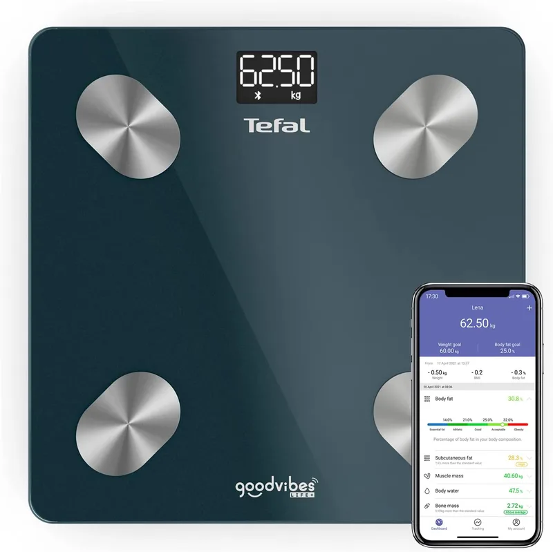Tefal ▫️ Balança conectada, 10 indicadores corporais, Aplicação conectada, Simples de usar, Número ilimitado de utilizadores, Capacidade 180 kg, Graduação 100 g, Goodvibes Life+ BM9620S1