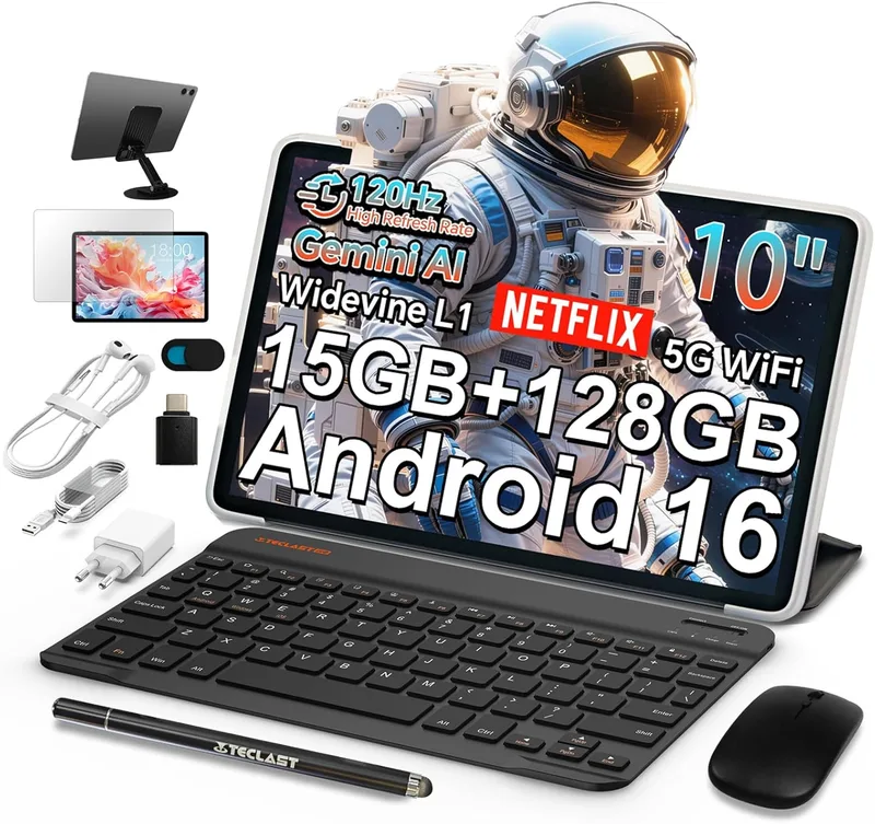 TECLAST ▫️ P30T Tablet Android 16 de 10 polegadas, Tablet de 10 polegadas com 120 Hz e acessórios, Octa-Core a 2 GHz, 15 GB de RAM + 128 GB de ROM (5 TB TF), Widevine L1/GPS/6000 mAh, Tablets Gemini AI com teclado + caneta + capa + rato + auscultadores