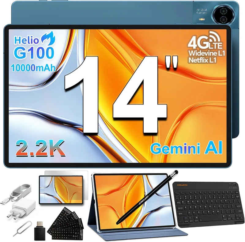 TECLAST ▫️ Tablet T70 de 14 polegadas, 2,2K, Helio G100, octa-core a 2,2 GHz, 10 000 mAh | Tablet para jogos, 18 W, Dual SIM 4G LTE, 20 GB de RAM + 128 GB + 8 TB TF, Widevine L1, GPS/13 MP, Tablets Gemini AI com teclado + caneta + capa