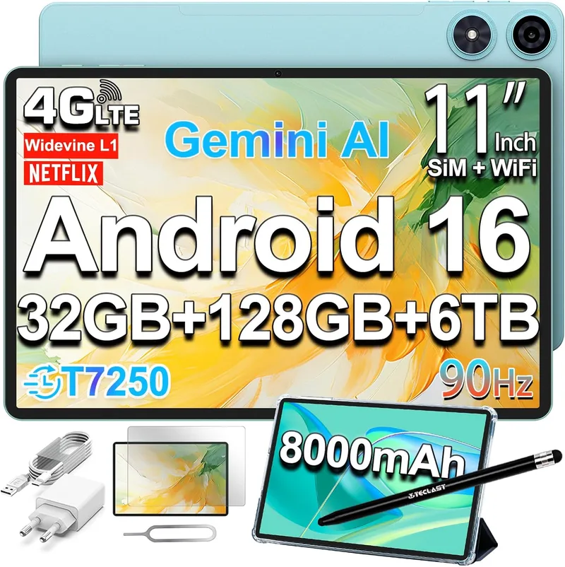 TECLAST ▫️ Tablet P50 de 11 polegadas com Android 16, 90 Hz, 32 GB de RAM + 128 GB de ROM + cartão TF de 6 TB, Dual SIM 4G LTE, 8000 mAh, T7250 de 2 GHz octa-core, 5G, Wi-Fi/Widevine L1/GPS/13 MP, Tablet Gemini AI com caneta + capa, 2026