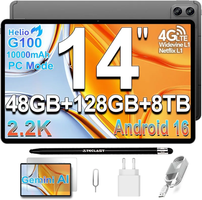 TECLAST ▫️ Tablet T70PRO de 14" 2.2K para jogos, Android 16, G100 de 2,2 GHz octa-core, 10 000 mAh/18 W, modo PC, 48 GB de RAM + 128 GB (TF 8 TB), 4G LTE Dual SIM, 5G, Wi-Fi, Widevine L1/GPS/13 MP/Gemini AI, tablet com caneta