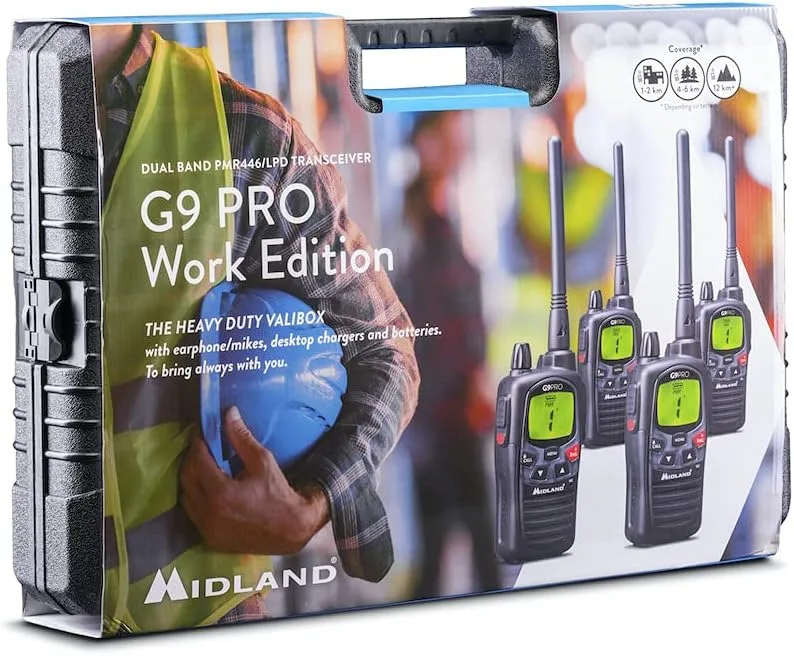 MIDLAND ▫️ Walkie Talkie Profissional de Longo Alcance 10 km G9 Pro Work Edition 101 Canais (36 PMR446/69 LPD), 4 Peças, Rádio Amador Não Licenciado, IPX4 à Prova de Água, Alcance 18H, Pilhas e Acessórios