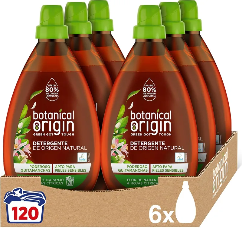 Botanical Origin ▫️ s - Detergente ecológico para máquina de lavar roupa, adequado para peles sensíveis, com aroma a flor de laranjeira e folhas cítricas - Embalagem de 6 x 20, total de 120 lavagens