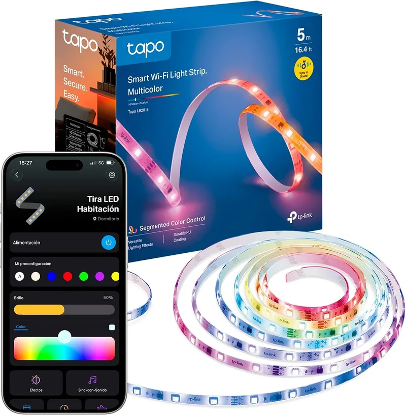 Tapo ▫️ L920-5 - Fita LED autocolante com Wi-Fi de 5 m, RGB multicolorida, com controlo remoto