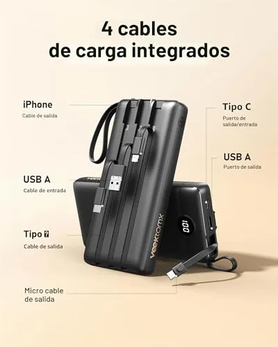 VEEKTOMX ▫️ Power Bank 20000mAh Bateria Externa USB-C Carregador Portátil com Cabos Integrados, 5 Saídas e 2 Entradas Power Bank Compatível com iPhone/Samsung/Huawei/Tablet, Indispensável para Viagens (Preto) 3