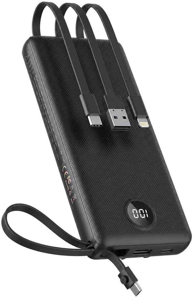 VEEKTOMX ▫️ Power Bank 20000mAh Bateria Externa USB-C Carregador Portátil com Cabos Integrados, 5 Saídas e 2 Entradas Power Bank Compatível com iPhone/Samsung/Huawei/Tablet, Indispensável para Viagens (Preto)