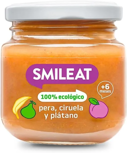 Smileat ▫️ Potinho de frutas biológicas com pêra, ameixa e banana para bebés a partir dos 6 meses - Sem açúcar adicionado, sem sal, sem leite, sem ovos - 130 g
