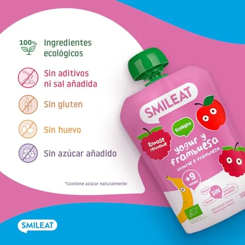 Smileat ▫️ Saquinhos ecológicos de iogurte e framboesa, embalagem de 10 x 100 g 4