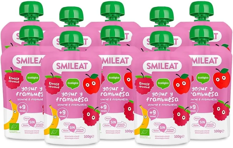 Smileat ▫️ Saquinhos ecológicos de iogurte e framboesa, embalagem de 10 x 100 g