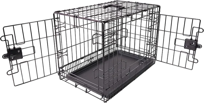 Amazon Basics ▫️ Caixa de metal para cães, durável, dobrável com tabuleiro, porta dupla, 76 x 48 x 53 cm (C x L x A), preto
