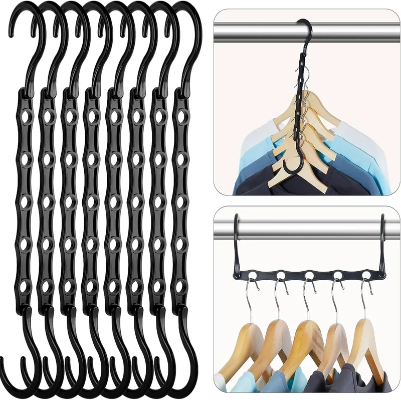 HOUSE DAY ▫️ Cabides mágicos para poupar espaço, em plástico resistente, com 5 orifícios para roupa pesada, 8 unidades, cor preta