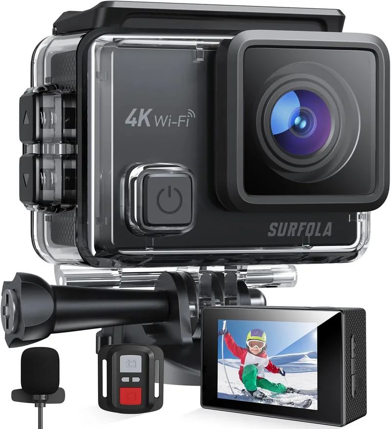 Surfola ▫️ Câmara desportiva 4K 30FPS, câmara de vídeo de capacete WiFi 20MP com EIS Anti-vibração, mergulho subaquático 40M com microfone duplo, controlo remoto, 2 baterias, vários acessórios