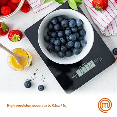Chef Master ▫️ Balança de cozinha digital MasterChef, balança para alimentos e pastelaria, onças e gramas (capacidade de 5 kg), vidro temperado, função de tara e desligamento automático, preta 2