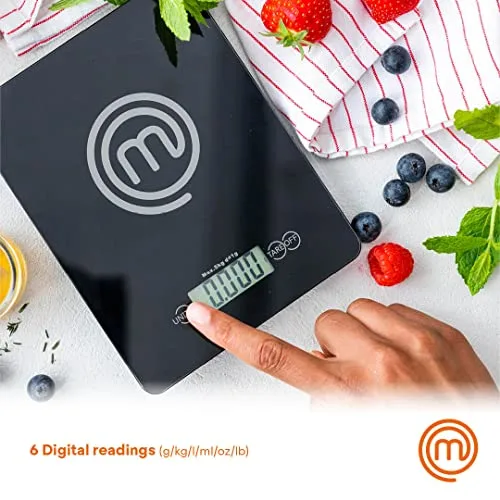 Chef Master ▫️ Balança de cozinha digital MasterChef, balança para alimentos e pastelaria, onças e gramas (capacidade de 5 kg), vidro temperado, função de tara e desligamento automático, preta 3