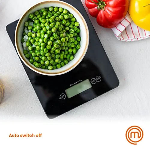 Chef Master ▫️ Balança de cozinha digital MasterChef, balança para alimentos e pastelaria, onças e gramas (capacidade de 5 kg), vidro temperado, função de tara e desligamento automático, preta 5