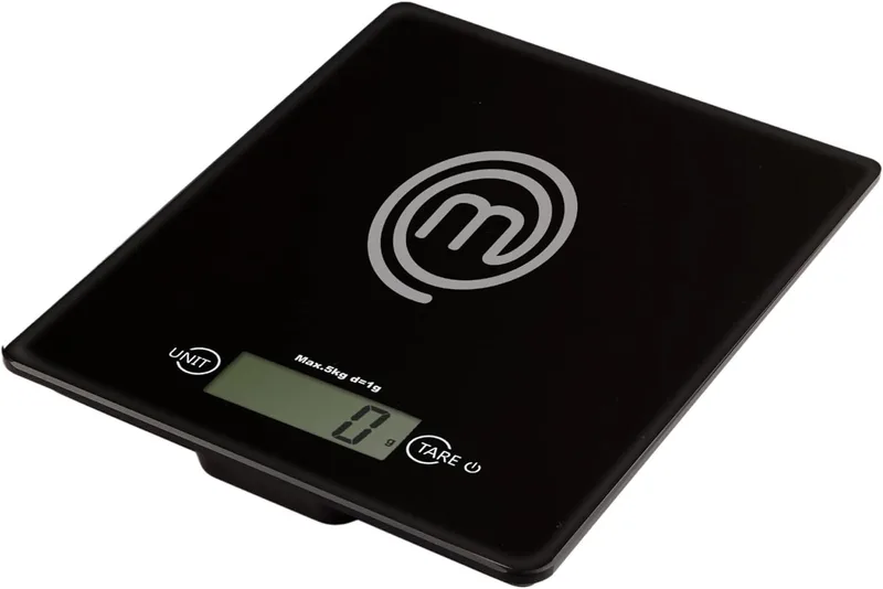 Chef Master ▫️ Balança de cozinha digital MasterChef, balança para alimentos e pastelaria, onças e gramas (capacidade de 5 kg), vidro temperado, função de tara e desligamento automático, preta