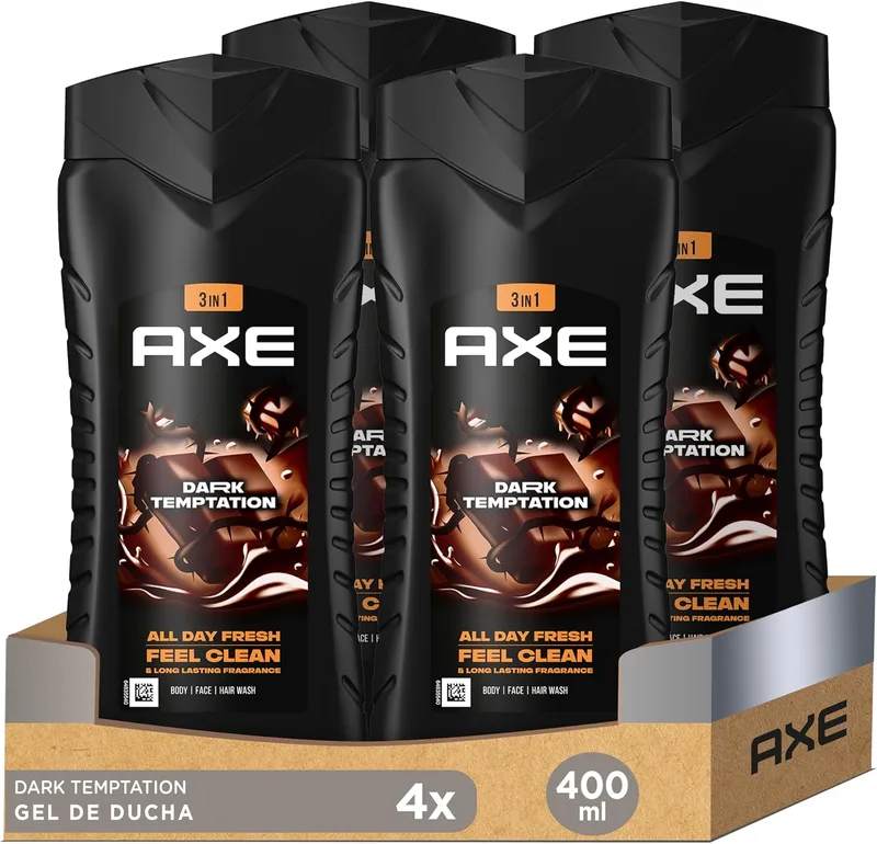 AXE ▫️ Gel de Banho e Champô para Homem Dark Temptation 3 em 1 400 ml - Embalagem de 4