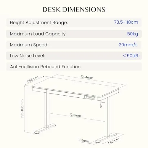 FLEXISPOT ▫️ Mesa elevável 120 x 60 cm, gaveta, USB-C, bloqueio de segurança para crianças 2
