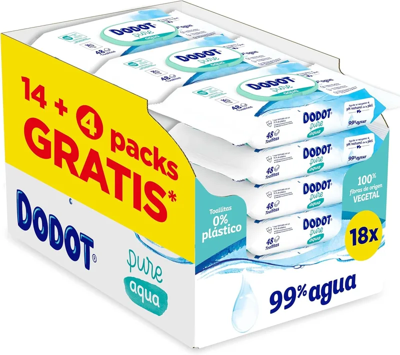 DODOT ▫️ Toalhitas Pure Aqua para bebés, 864 toalhitas (18 embalagens de 48 unidades), ajudam a restaurar o pH natural da pele, 99% de água, sem plástico
