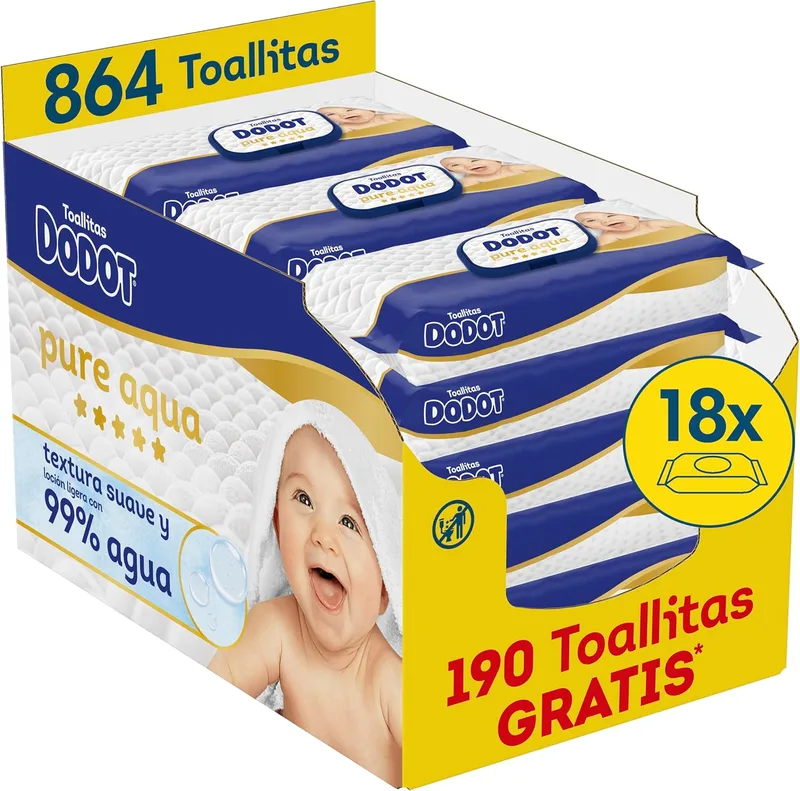 DODOT ▫️ Toalhitas para bebés Pure Aqua, 864 toalhitas (18 embalagens x 48 unidades)