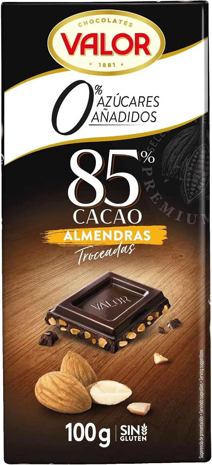Valor ▫️ Chocolate Negro 85% com Amêndoas, 0% de Açúcares Adicionados, 100 g