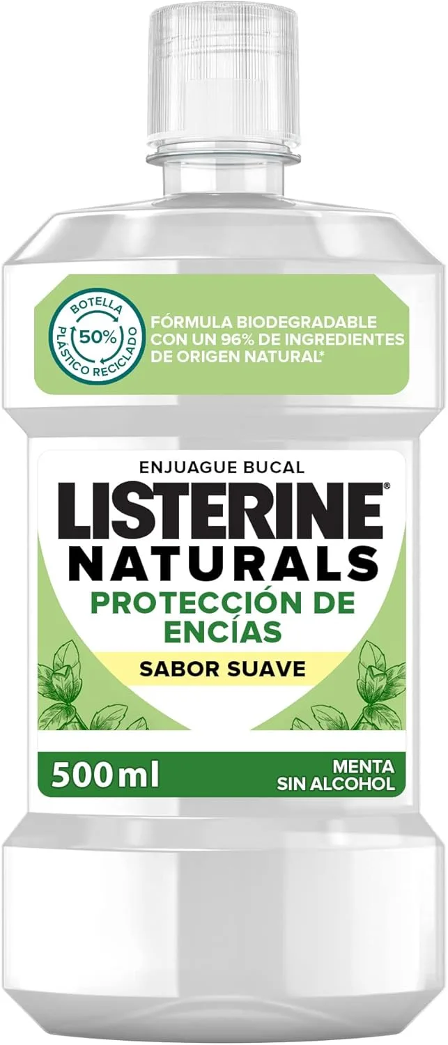 Listerine ▫️ Naturals (1 x 500 ml), elixir bucal sem álcool com sabor a menta, elixir bucal para proteção das gengivas, elixir bucal com 0% de álcool e ingredientes naturais