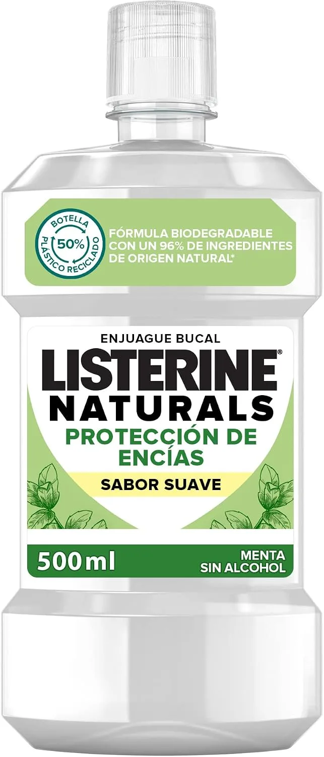 Listerine ▫️ Naturals (1 x 500 ml), elixir bucal sem álcool com sabor a menta, elixir bucal que protege as gengivas, elixir bucal para as gengivas com 0% de álcool e ingredientes naturais