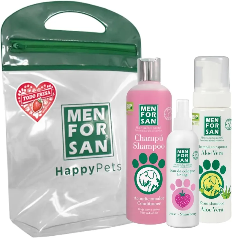 MENFORSAN ▫️ Pack de Higiene e Beleza, Champô com Condicionador, 300 ml, Água de Colónia de Morango, 125 ml, Champô em Espuma para Cães e Gatos, 200 ml, Aroma Intenso a Morango