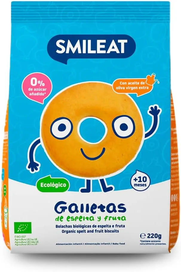SMILEAT EAT & SMILE ▫️ Smileat - Bolachas de Espelta e Fruta para 10+ meses - Sem Açúcar Adicionado, Com Azeite Virgem Extra - Perfeitas como Lanche ou Snack - 220g
