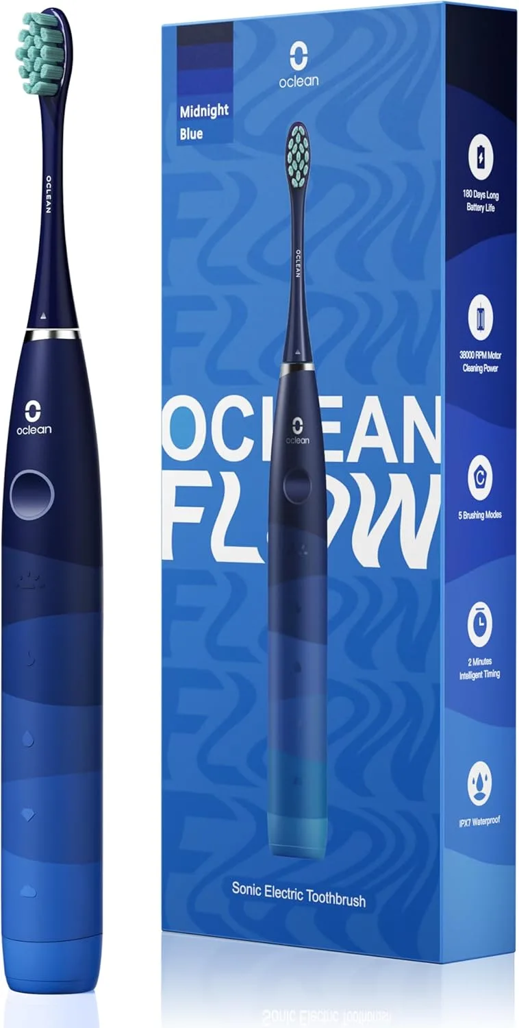 Oclean ▫️ Escova de dentes elétrica Flow Sonic, escova de dentes elétrica com 180 dias de vida útil da escova, 76000 golpes por minuto, 5 modos, IPX7 à prova d'água e temporizador, DuPont ™, cabeça de escova azul.