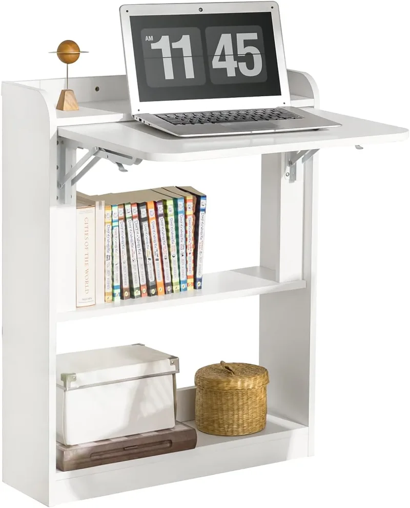 SoBuy ▫️ Secretária Secretária de computador Mesa de jogo dobrável Secretária pequena Secretária pequena com prateleiras de arrumação Secretária de pé com arrumação Branca 64x58x82cm FWT92-W