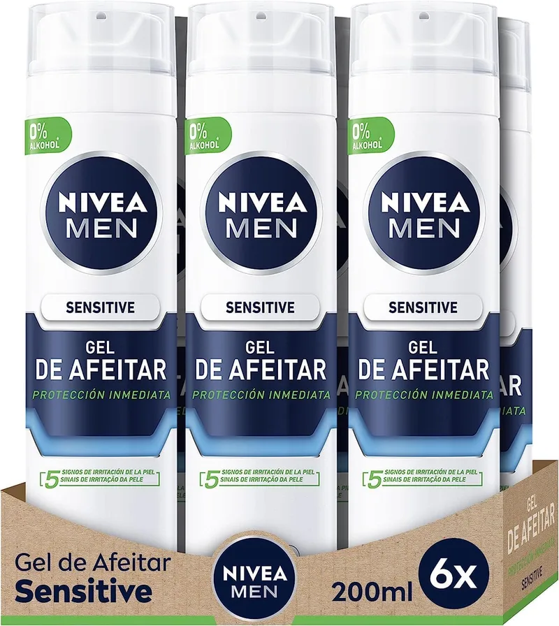 NIVEA MEN ▫️ Sensitive Gel de Barbear (6 x 200 ml), para pele sensível, gel facial com tecnologia Ultra Glide para um barbear sem irritações