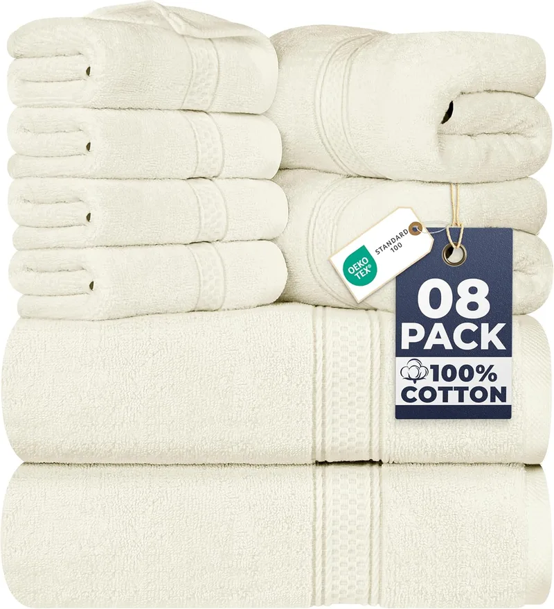 Utopia Towels ▫️ Conjunto de 8 toalhas de algodão com suporte - 2 toalhas de banho, 2 toalhas de mão e 4 toalhas de rosto - (Marfim)