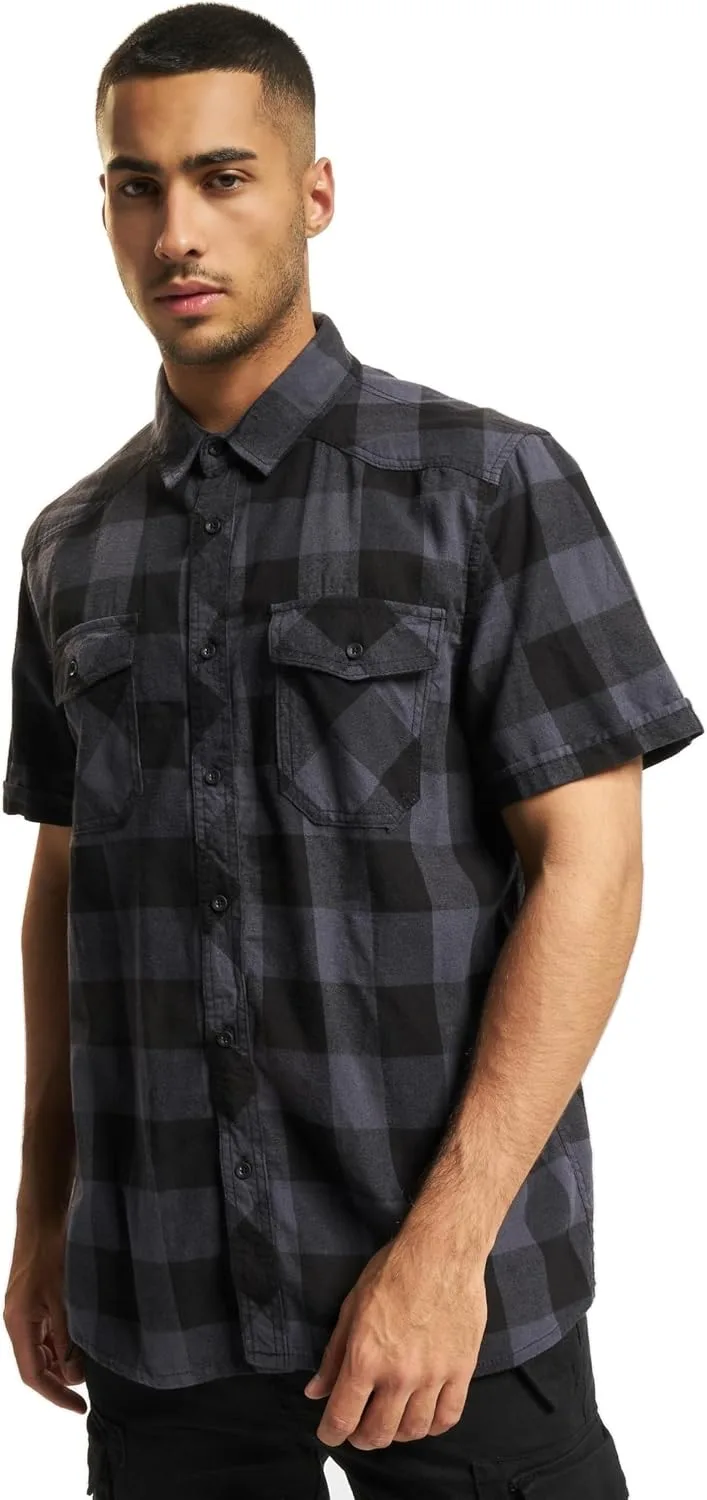 Brandit ▫️ Camisa de manga curta xadrez para homem preta/cinzenta, 100 % algodão, corte regular