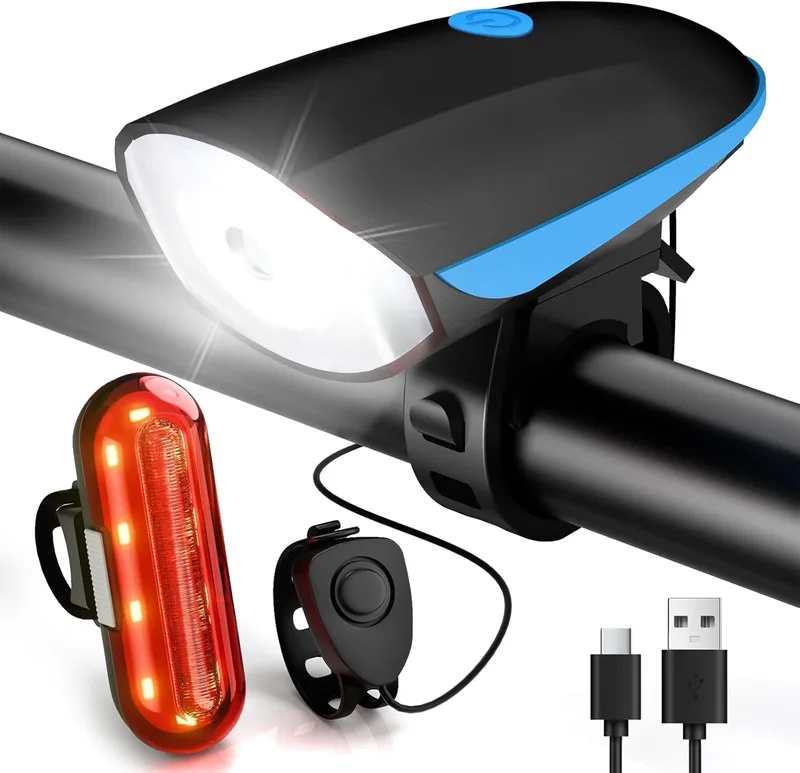 Gobikey ▫️ Luz frontal e traseira para bicicleta, luz USB recarregável para bicicleta, luz frontal super brilhante para bicicleta com campainha, à prova de água IP65, 3+4 modos, para ciclismo de montanha e de estrada