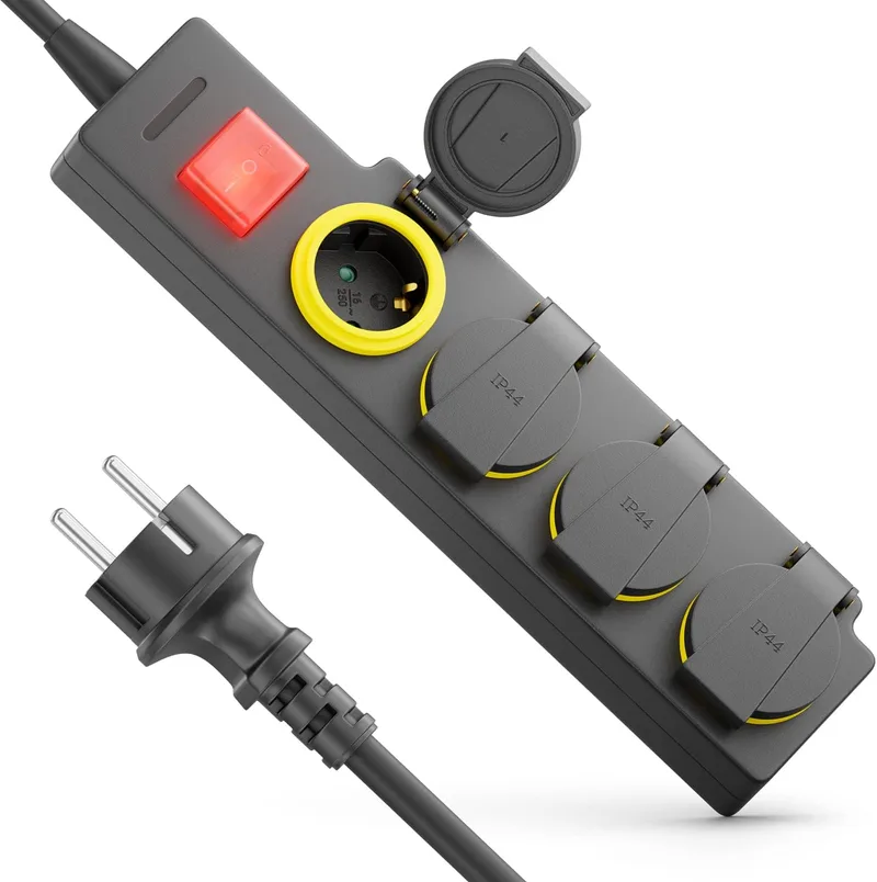 deleyCON ▫️ Faixa de alimentação exterior de 4 tomadas com cabo de 1,4 m para utilização no exterior, 4 tomadas com proteção de contacto, interrutor de ligar/desligar resistente a IP44 para varanda, cave e garagem