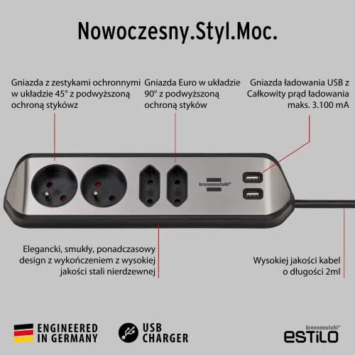 Brennenstuhl ▫️ ® Estilo - Extensão com 4 tomadas (base em aço inoxidável para cozinha e escritório, com função de carregamento USB) nas cores prateado e preto 4