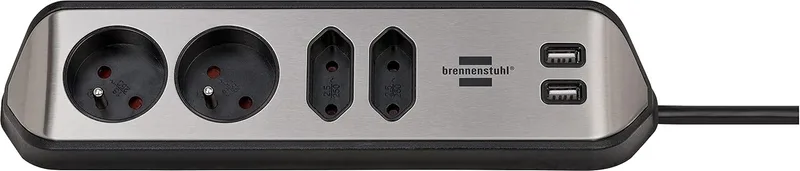 Brennenstuhl ▫️ ® Estilo - Extensão com 4 tomadas (base em aço inoxidável para cozinha e escritório, com função de carregamento USB) nas cores prateado e preto
