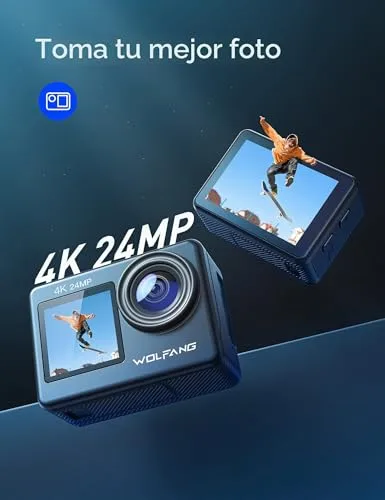 WOLFANG ▫️ Câmara Desportiva GA200 4K 24 MP com Ecrã Duplo e Wi-Fi, Câmara de Vídeo Submersível até 40 m, Grande Angular de 170°, Controlo Remoto com EIS Melhorado, 2 Baterias, Vários Acessórios 2