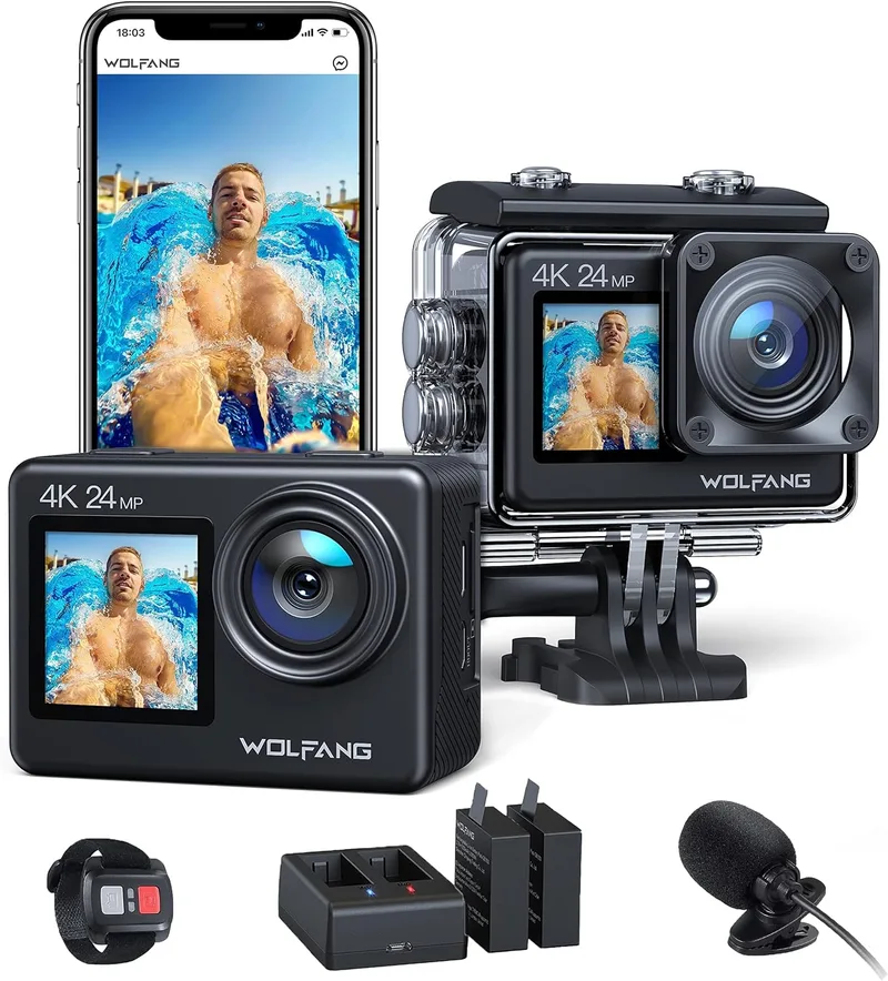 WOLFANG ▫️ Sports Camera GA200 4K 24MP Dual Screen WiFi Video Camera, 40M Waterproof Waterproof Camera, 170° Wide Angle, Enhanced EIS Remote Control, 2 Batteries, Multi Accessories