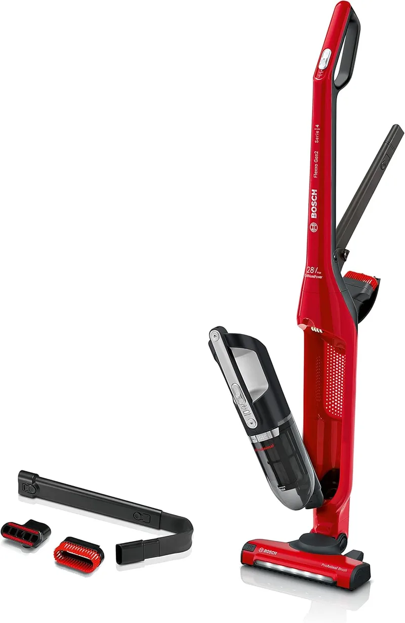 Bosch ▫️ Série | 4 Flexoo'o Gen 2 Aspirador vertical sem fio, 28 W, 0,4 litros, 82 decibéis, 2 velocidades, vermelho, BBH3ZOO28