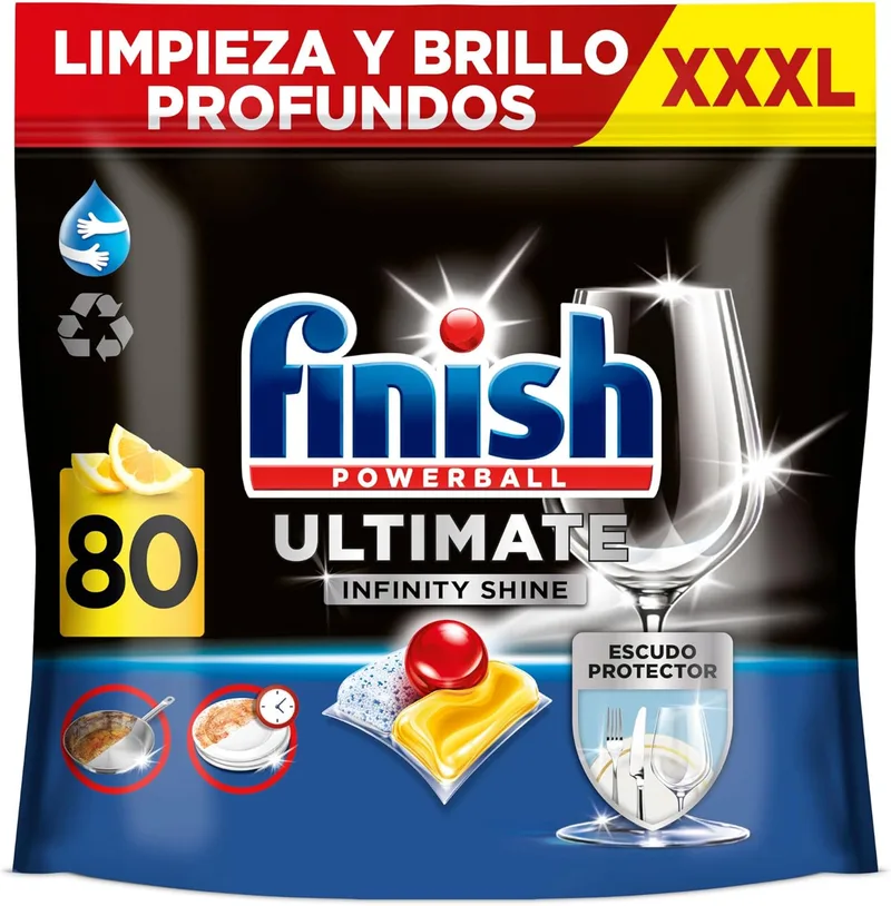 Finish ▫️ Powerball Ultimate Infinity Shine, pastilhas para máquina de lavar loiça com aroma a limão, com poder de remoção de gorduras e proteção para vidros, 80 pastilhas, 80 pastilhas