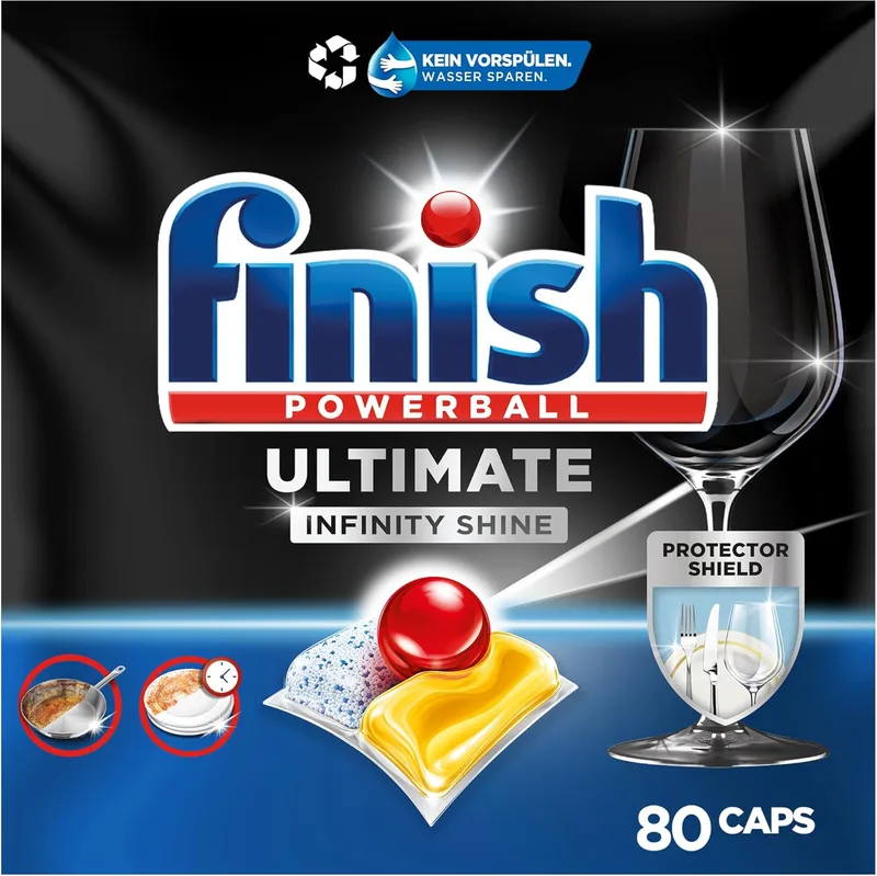 Finish ▫️ Powerball Ultimate Infinity Shine, pastilhas para a máquina de lavar louça com poder desengordurante e proteção para o vidro, aroma a limão, 80 pastilhas