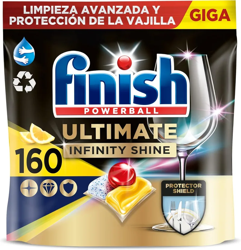 Finish ▫️ Powerball Ultimate Infinity Shine, pastilhas para a máquina de lavar louça com poder desengordurante e proteção para o vidro, aroma a limão, 2 embalagens de 80, total de 160 pastilhas